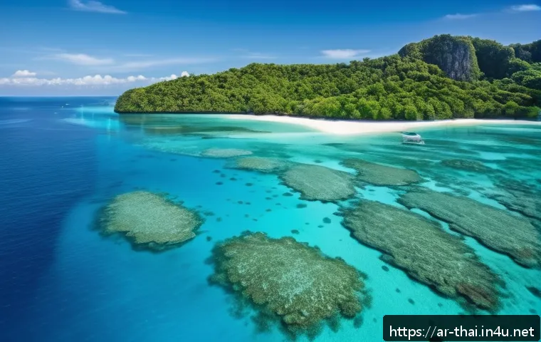 태국의 크루즈 여행 경험 - A breathtaking aerial view of the Andaman Islands in Thailand, showcasing pristine white sandy beach...