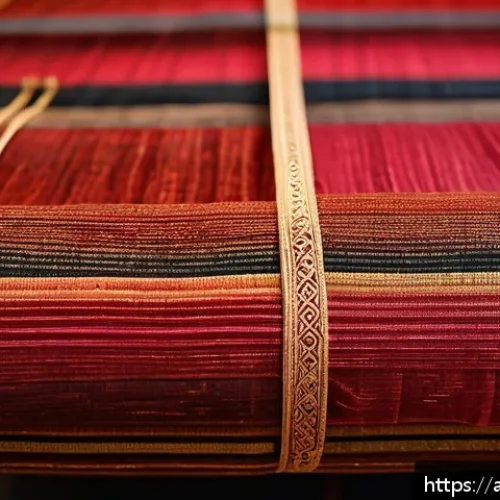 태국의 전통 직조 기술 - A vibrant close-up of traditional Thai silk fabric called "Si Lom" from Northern Thailand, showcasin...