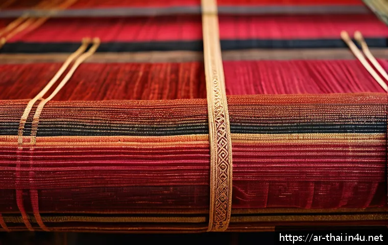 태국의 전통 직조 기술 - A vibrant close-up of traditional Thai silk fabric called "Si Lom" from Northern Thailand, showcasin...