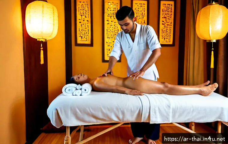 태국 마사지 종류 - Photorealistic Thai traditional massage scene in a serene, upscale spa room, fully clothed adult Ara...