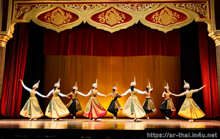 Home 17 태국의 전통 무대 예술 - Photorealistic Thai classical dance performance on an elegant indoor stage, graceful female dancers ...
