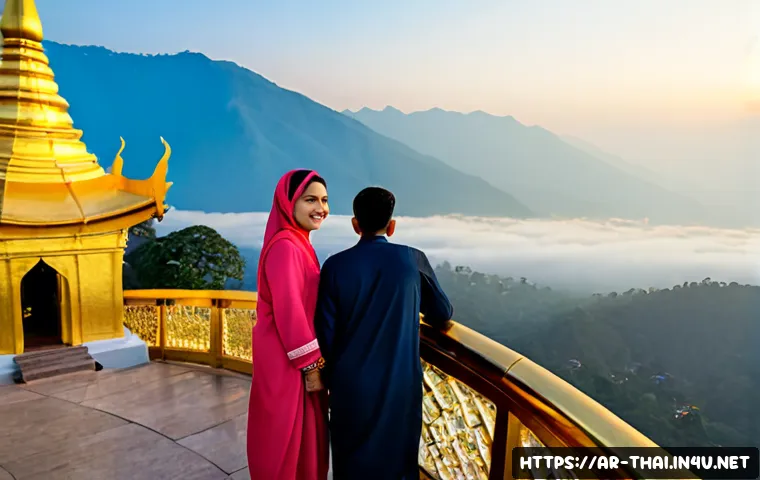 치앙마이 여행지 추천 - Photorealistic sunrise view of Wat Phra That Doi Suthep in Chiang Mai, ornate golden temple roofs an...