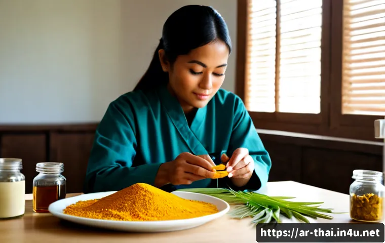 태국의 전통 의약 연구 - Photorealistic traditional Thai medicine research scene, Thai female botanist in modest professional...