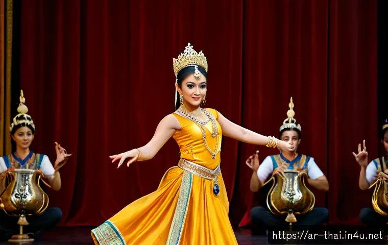 태국의 연극과 공연 예술 - Photorealistic Thai classical dance performance on an ornate indoor theater stage, a graceful adult ...