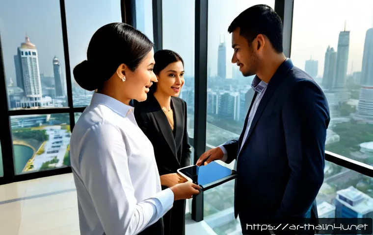 태국의 기술 스타트업 - Photorealistic Bangkok technology startup workspace, diverse Thai entrepreneurs presenting a mobile ...